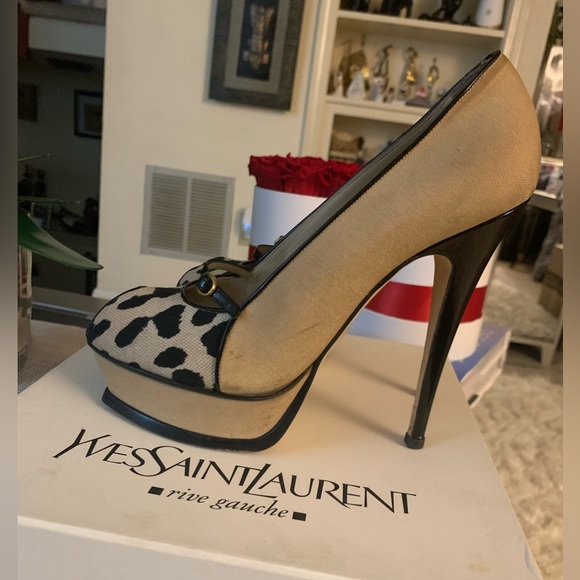 YVES SAINT LAURENT RIVE GAUCHE Beige Peep Toe Platforms heels SZ 9.5 🔥🔥🔥 - Picture 5 of 14